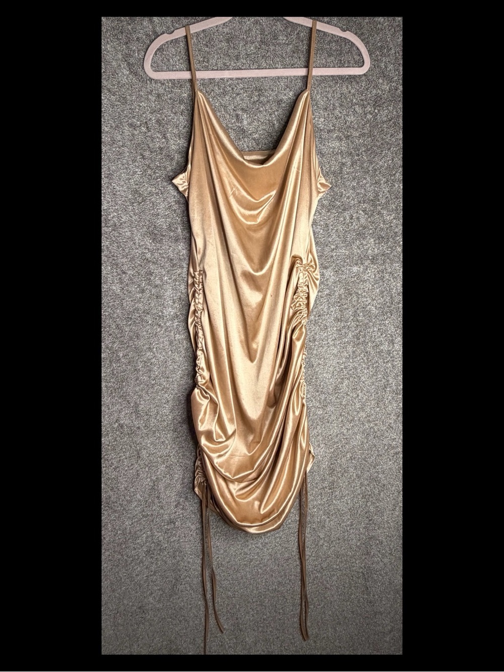 Gold Satin Cowl Mini Dress with Side Drawstring Detail